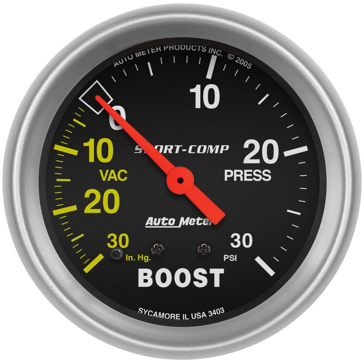 Sport-Comp Series Boost/Vacuum Gauge  2-5/8", Full Sweep Mechanical, 30 In. Hg./30 psi