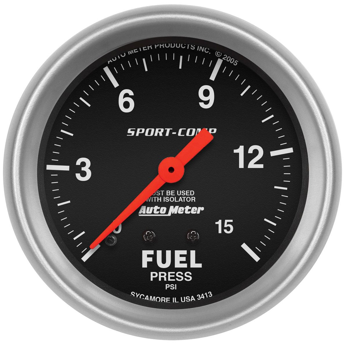 Sport-Comp Series Fuel Pressure Gauge  2-5/8", Full Sweep Mechanical, With Isolator, 0-15 psi