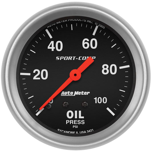 Sport-Comp Series Oil Pressure Gauge  2-5/8", Full Sweep Mechanical, 0-100 psi