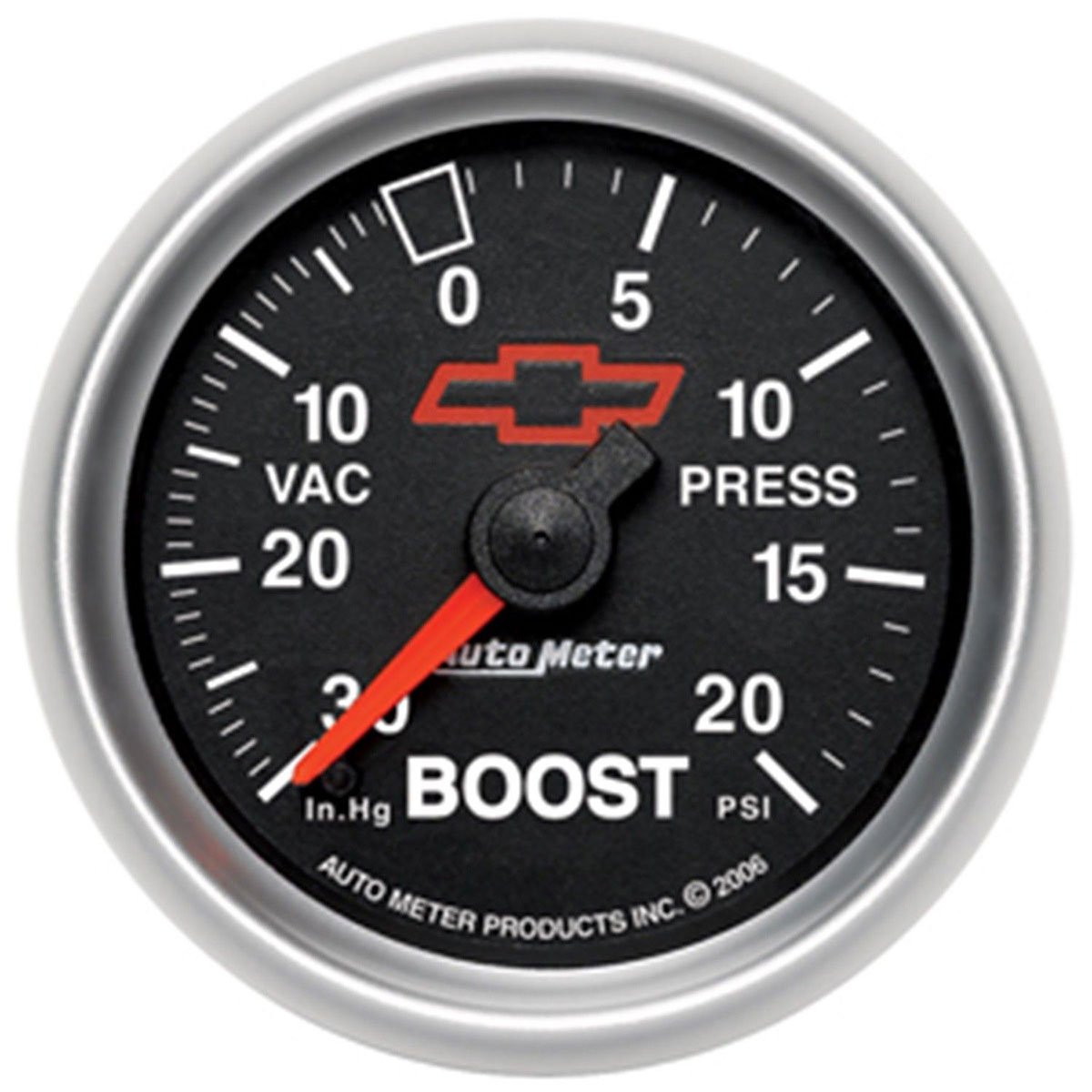 Chev Bow-Tie Boost Gauge
2-1/16", Black Dial, Full Sweep Mechanical, 30 in hg / 20 psi