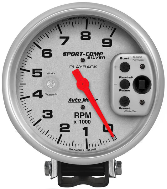 Ultra-Lite Sport-Comp Silver Playback Tachometer 5", Pedestal Mount, 0-9,000 rpm