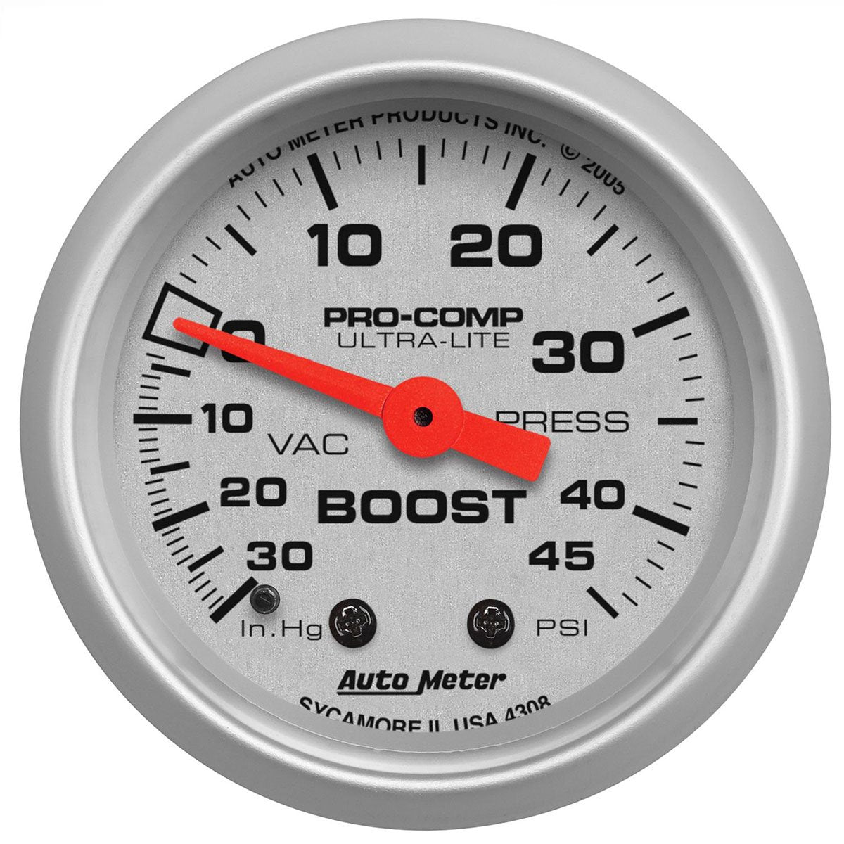 Ultra-Lite Series Boost/Vacuum Gauge  2-1/16", Full Sweep Mechanical, 30 In. Hg/45 psi