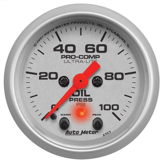 Ultra-Lite Series Oil Pressure Gauge  2-1/16", Full Sweep Electric, Peak Memory and Warning, 0-100 psi