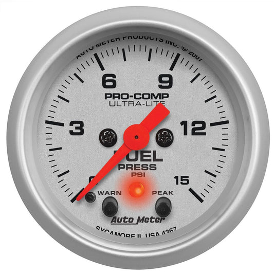 Ultra-Lite Series Fuel Pressure Gauge  2-1/16", Full Sweep Electric, Peak Memory and Warning, 0-15 psi