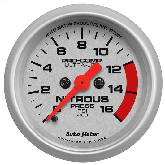 Ultra-Lite Series Nitrous Pressure Gauge  2-1/16", Full Sweep Electric, 0-1600 PSI