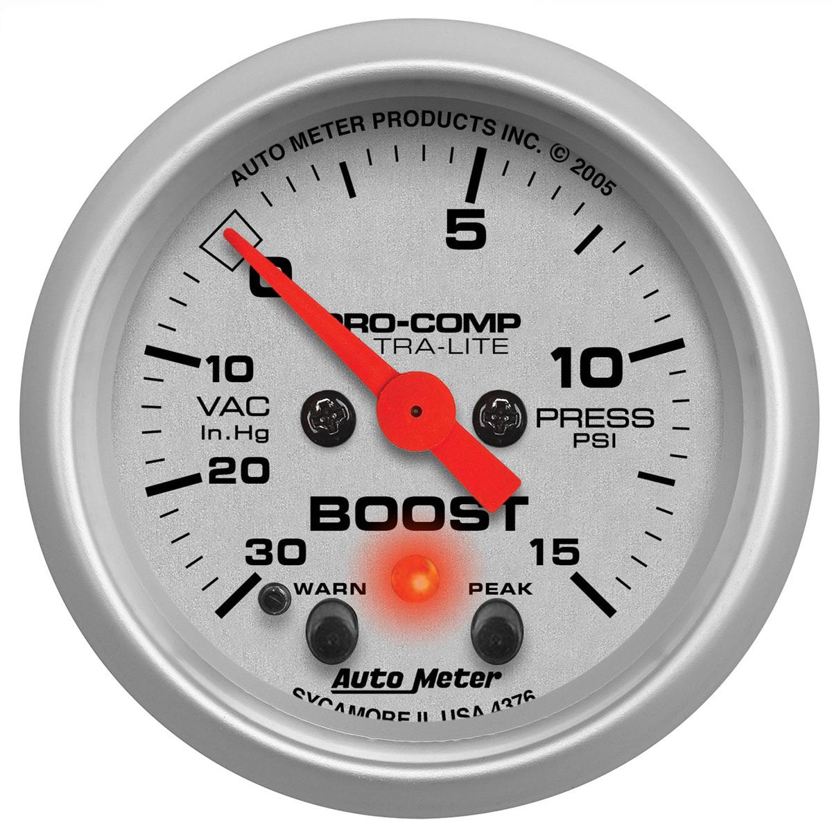 Ultra-Lite Series Boost/Vacuum Gauge  2-1/16", Full Sweep Electric, Peak Memory and Warning, 30 In Hg./15 psi