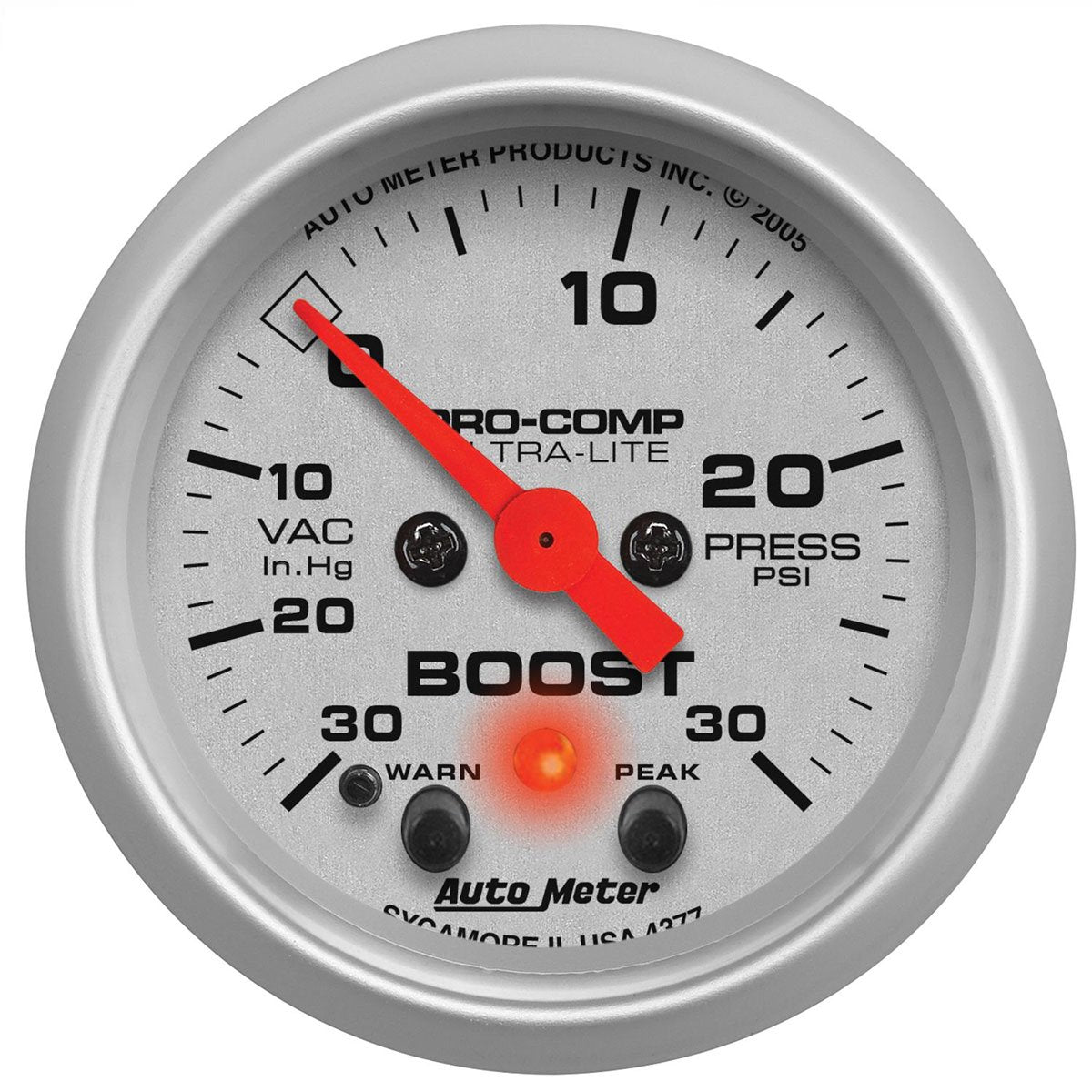 Ultra-Lite Series Boost/Vacuum Gauge  2-1/16", Full Sweep Electric, Peak Memory and Warning, 30 In Hg./30 psi