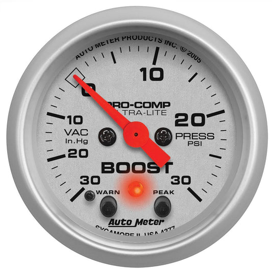 Ultra-Lite Series Boost/Vacuum Gauge  2-1/16", Full Sweep Electric, Peak Memory and Warning, 30 In Hg./30 psi