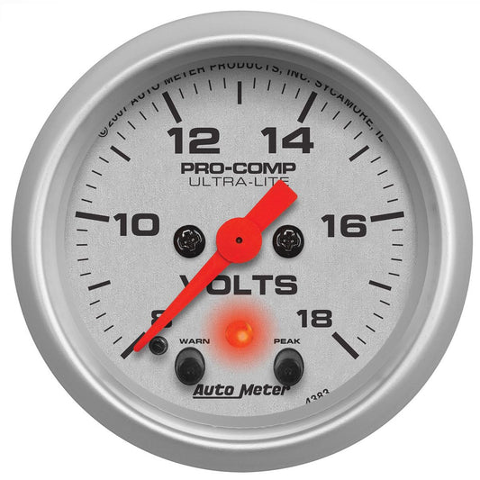 Ultra-Lite Series Voltmeter Gauge  2-1/16", Full Sweep Electric, Peak Memory and Warning, 8-18 volts