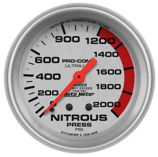 Ultra-Lite Series Nitrous Pressure Gauge  2-5/8", Full Sweep Mechanical, 0-2000 psi