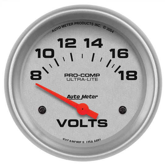 Ultra-Lite Series Voltmeter Gauge  2-5/8", Short Sweep Electric, 8-18 volts