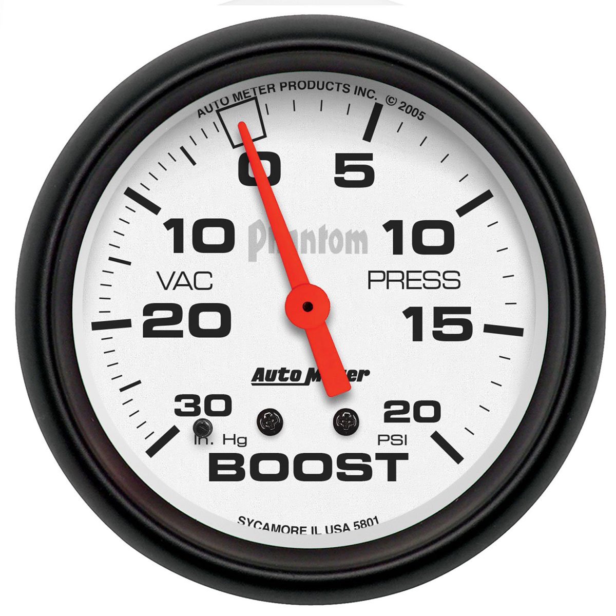 Phantom Series Boost/Vacuum Gauge  2-5/8", Full Sweep Mechanical, 30 in Hg./20 psi