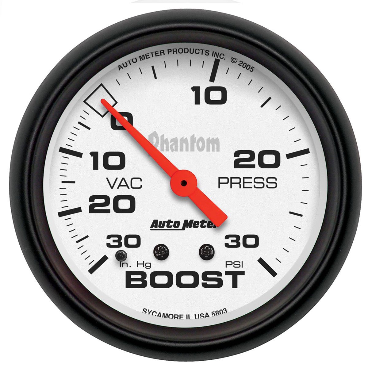 Phantom Series Boost/Vacuum Gauge  2-5/8", Full Sweep Mechanical, 30 in Hg./30 psi