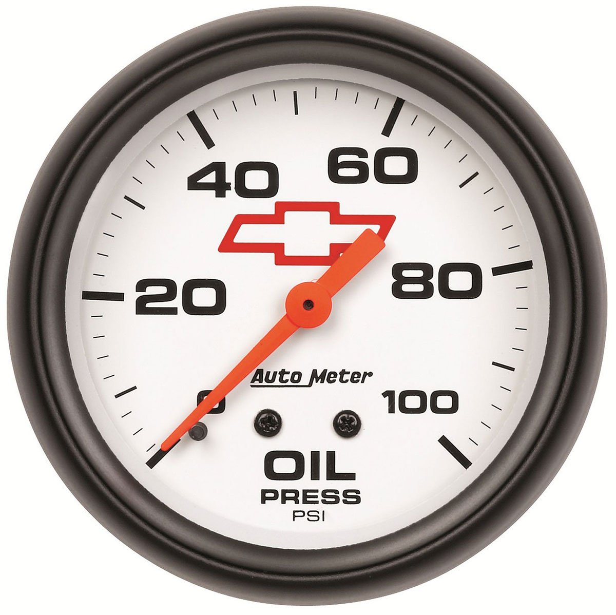 Chev Bow-Tie Oil Pressure Gauge
2-5/8", White Dial, Full Sweep Mechanical, 0-100 psi