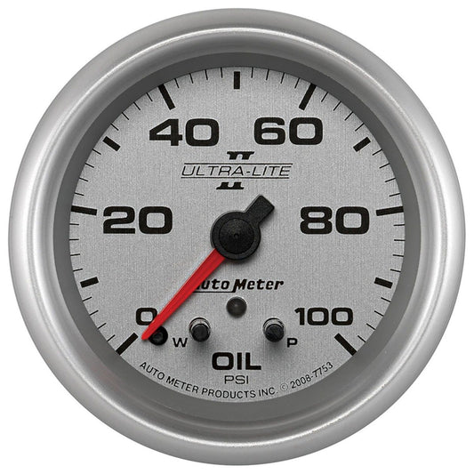 Ultra-Lite II Series Oil Pressure Gauge  2-5/8", Full Sweep Electric, Peak Memory and Warning, 0-100 psi