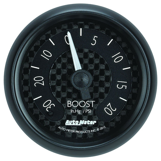 GT Series Boost Gauge  2-1/16", Black Carbon Fiber Dial, Full Sweep Mechanical, 30 in hg / 20 psi