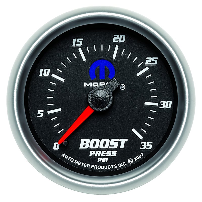 Mopar Boost Gauge
2-1/16", Black Dial/Silver Bezel, Full Sweep Mechanical, 0-35 psi