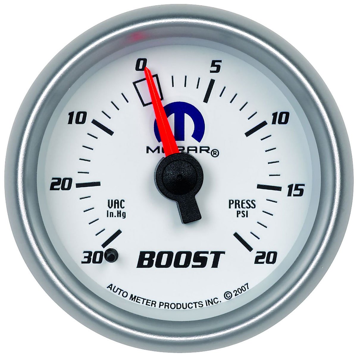 Mopar Boost/Vac Gauge
2-1/16", White Dial/Silver Bezel, Full Sweep Mechanical, 30 In. Hg./20 psi