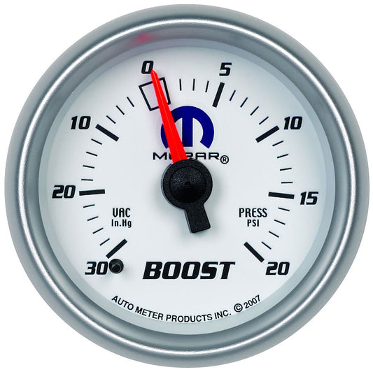 Mopar Boost/Vac Gauge
2-1/16", White Dial/Silver Bezel, Full Sweep Mechanical, 30 In. Hg./20 psi