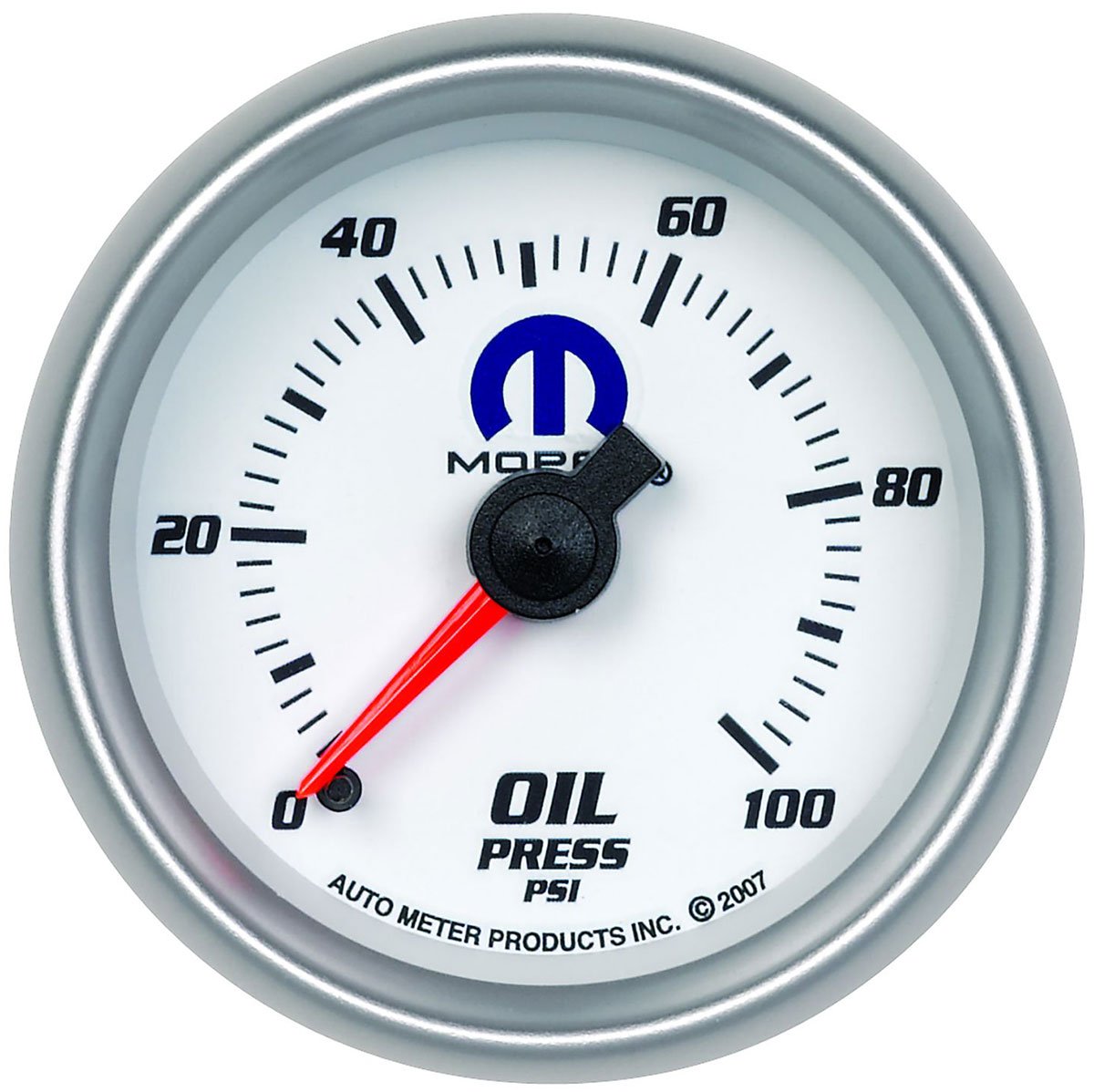 Mopar Oil Pressure Gauge
2-1/16", White Dial/Silver Bezel, Full Sweep Mechanical, 0-100 psi