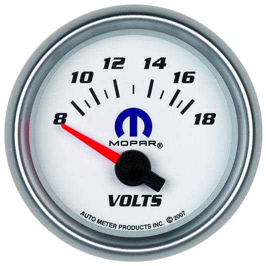 Mopar Voltmeter Gauge  2-1/16", White Dial/Silver Bezel, Short Sweep Electrical, 8-18 Volts