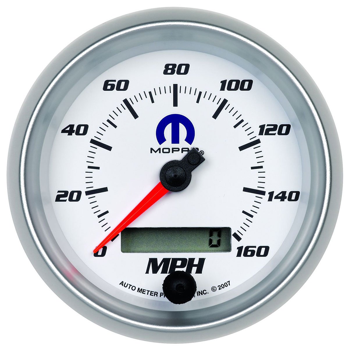 Mopar Speedometer
3-3/8", White Dial/Silver Bezel, In-Dash, Programmable, 0-160 mph, LCD Tripmeter