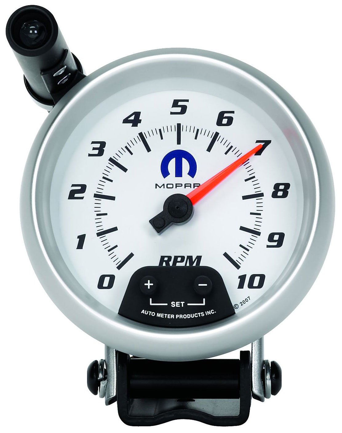 Mopar Mini-Monster Tachometer
3-3/4", White Dial/Silver Bezel, Pedestal Mount , Shift-Lite, 0-10,000 rpm