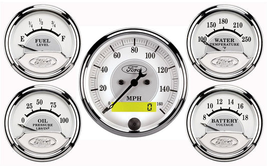 Ford White Masterpiece 5 Piece Gauge Kit
3-1/8" Elect Speedo, 2-1/16" OilPress, Water Temp, Fuel Level, Voltmeter