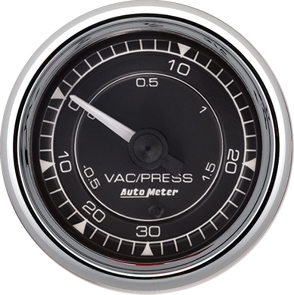 Chrono Chrome Series Boost/Vac Gauge
2-1/16", Black Dial, Full Sweep Mechanical, 30 in hg / 30 psi