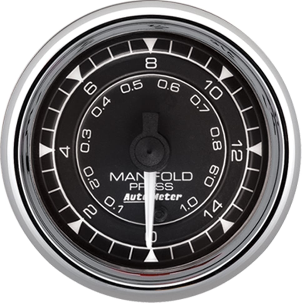 Chrono Chrome Series Boost Gauge
2-1/16", Black Dial, Full Sweep Electric, 0-15 psi