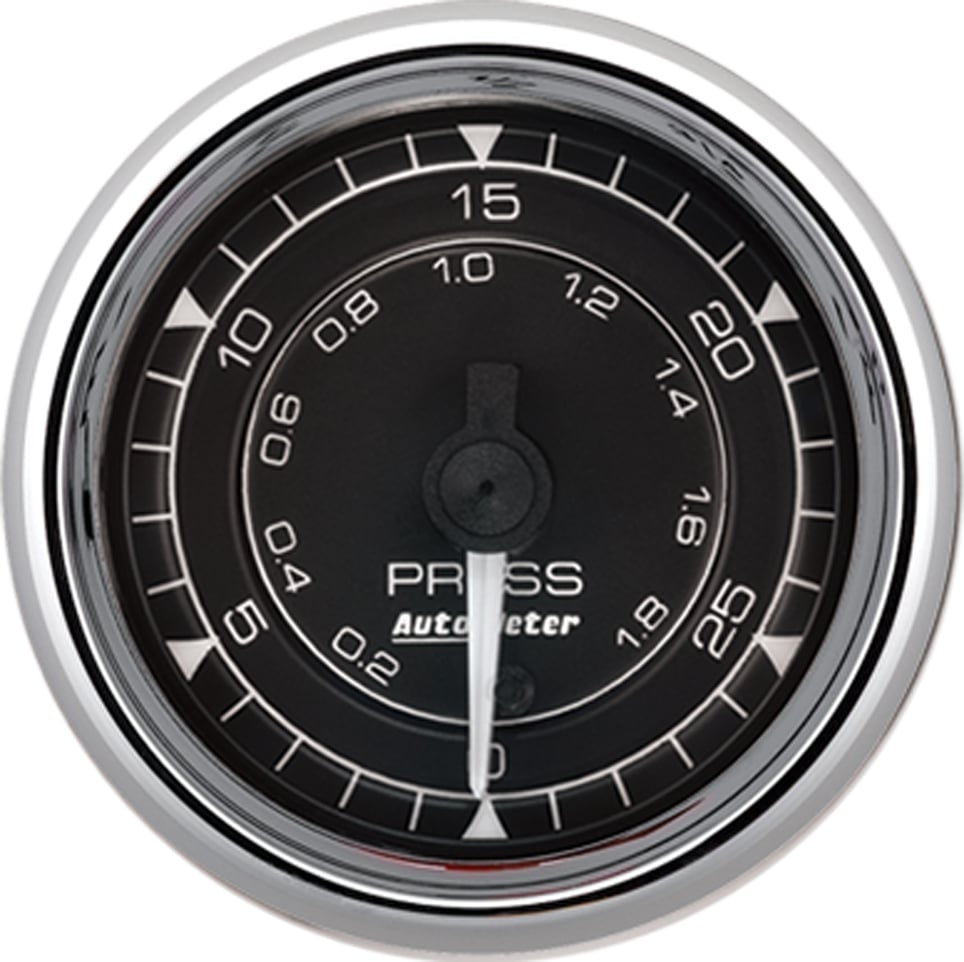 Chrono Chrome Series Pressure Gauge
2-1/16", Black Dial, Full Sweep Electric, 0-30 psi