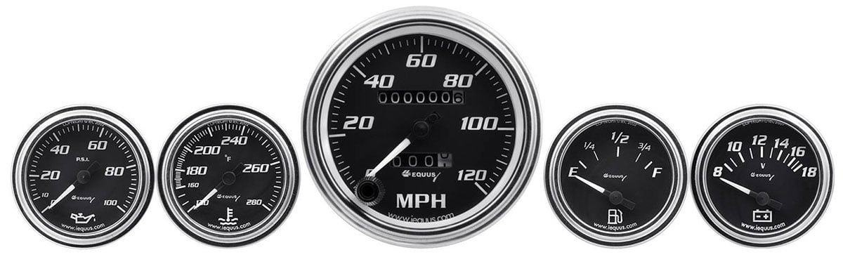 Equus 5 Gauge Black Face Kit
3-3/8" 0-120 mph Speedometer, 2" FuelLevel, Water Temperature, Oil Pressure, Voltmeter