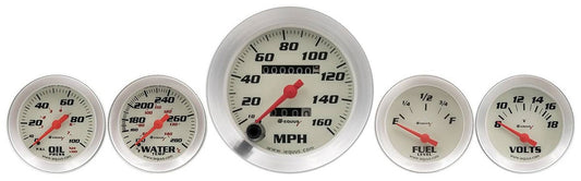 Equus 5 Gauge White Face Kit
3-3/8" 0-120 mph Speedometer, 2" FuelLevel, Water Temperature, Oil Pressure, Voltmeter