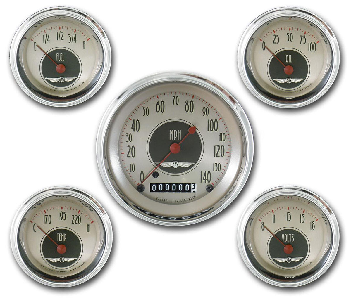 All American Nickel Series 5 Gauge Kit (with High Step Bezels)
Kit Includes 3-3/8" KPH Speedo With 2-1/8" Accessories Gauges, Curved Glass