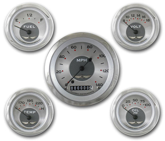 All American Series 5 Gauge Set With Polished Radial Bezel
Kit Includes 3-3/8" KPH Speedo, 8000 RPM Tacho With 2-1/8" Accessories Gauges, Curved Glass