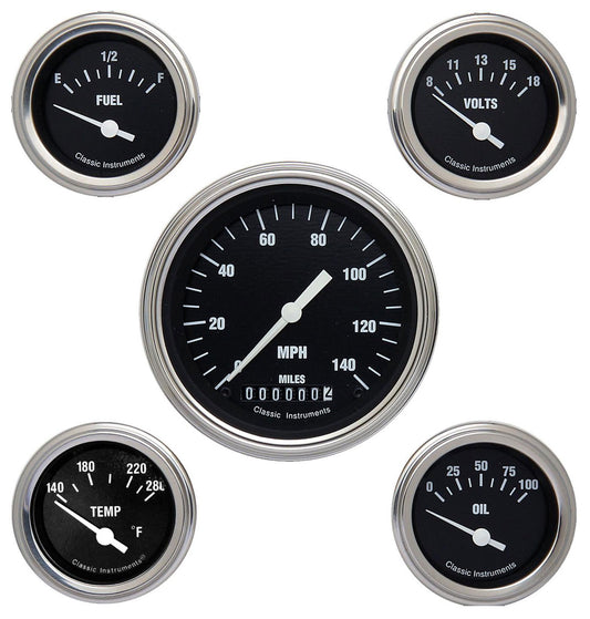 Classic Black Hotrod Series 5 Gauge Set
Kit Includes 3-3/8" KPH Speedo With 2-1/8" Accessories Gauges, Curved Glass