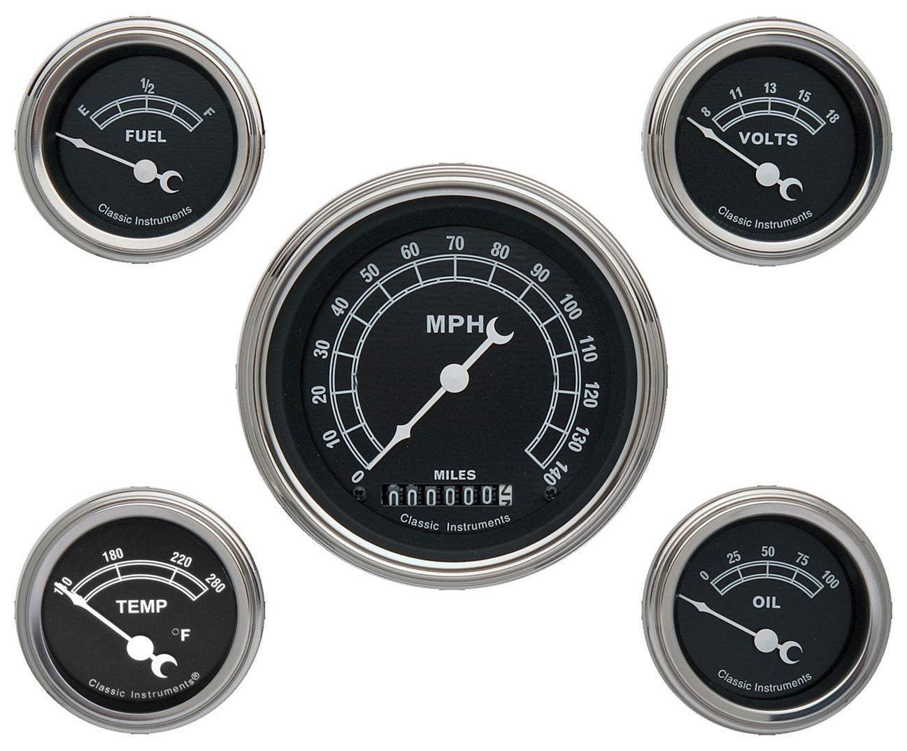 Traditional Black Series 5 Gauge Set
Kit Includes 3-3/8" KPH Speedo With 2-1/8" Accessories Gauges, Curved Glass