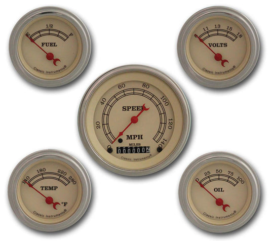 Vintage 5 Gauge Set (With S/S Bezel)
Kit Includes 3-3/8" KPH Speedo With 2-1/8" Accessories Gauges, Flat Glass