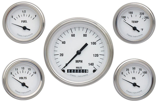 White Hot 5 Gauge Set
Kit Includes 3-3/8" KPH Speedo With 2-1/8" Accessories Gauges, Curved Glass