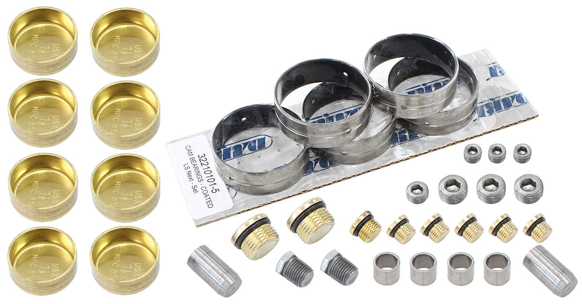 LS Next Iron SHP Block Small Parts Kit
Coated Cam Bearings, Brass Freeze Plugs, Dowel Pins & Pipe Plugs