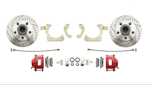 1959-1964 Full Size Chevy Complete Disc Brake Conversion Kit w/ Powder Coated Red Calipers & Drilled/ Slotted Rotors