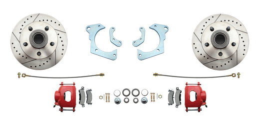 1965-1968 Full Size Chevy Complete Drilled/Slotted Disc Brake Conversion Kit w/ Powder Coated Red Calipers