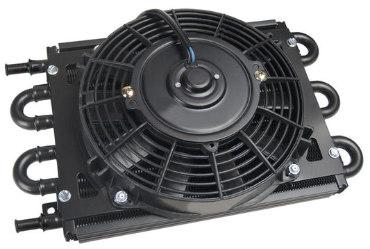 Derale Dyno-Cool 6 Pass Remote Mount Cooler with Fan  11/32" Barb Inlets. 13-5/8" L x 7-5/8" H x 3-5/8" W