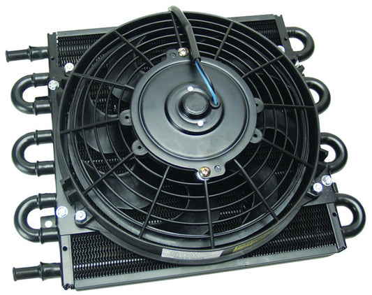 Derale Dyno-Cool 8 Pass Remote Mount Cooler with Fan  11/32" Barb Inlets. 13-5/8" L x 10-1/4" H x 3-5/8" W