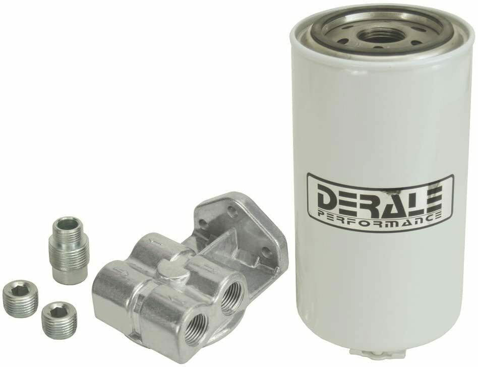 Derale Single Mount Fuel / Water Separator Kit
1/2" NPT Inlet/Outlet Side Ports. 3-1/2" O.D x 7-5/8"