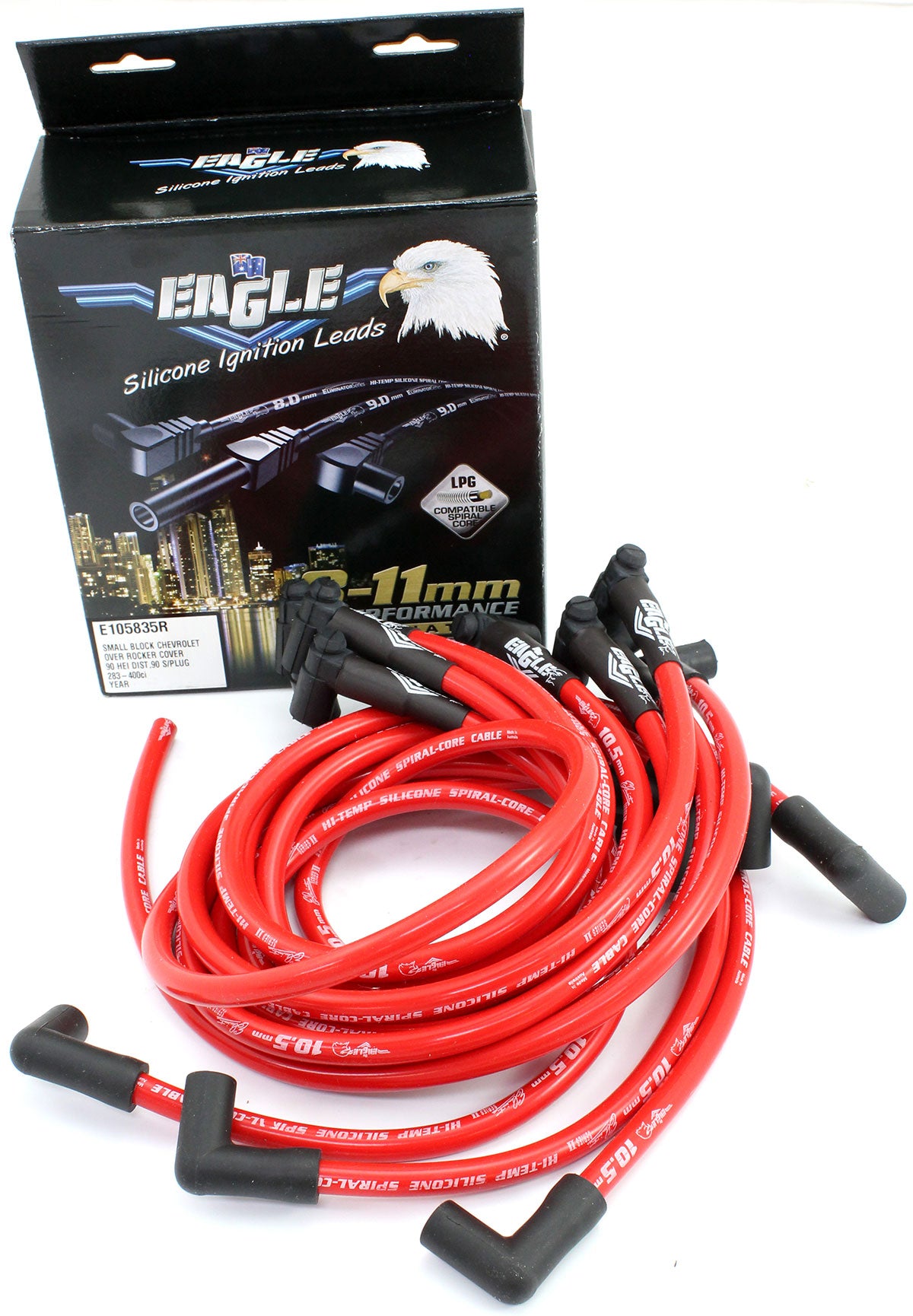 10.5mm Eliminator Series II Over Rocker Cove Lead Set - Red
Suit SB Chev With HEI Cap 90° Distributor & 90° Spark Plug