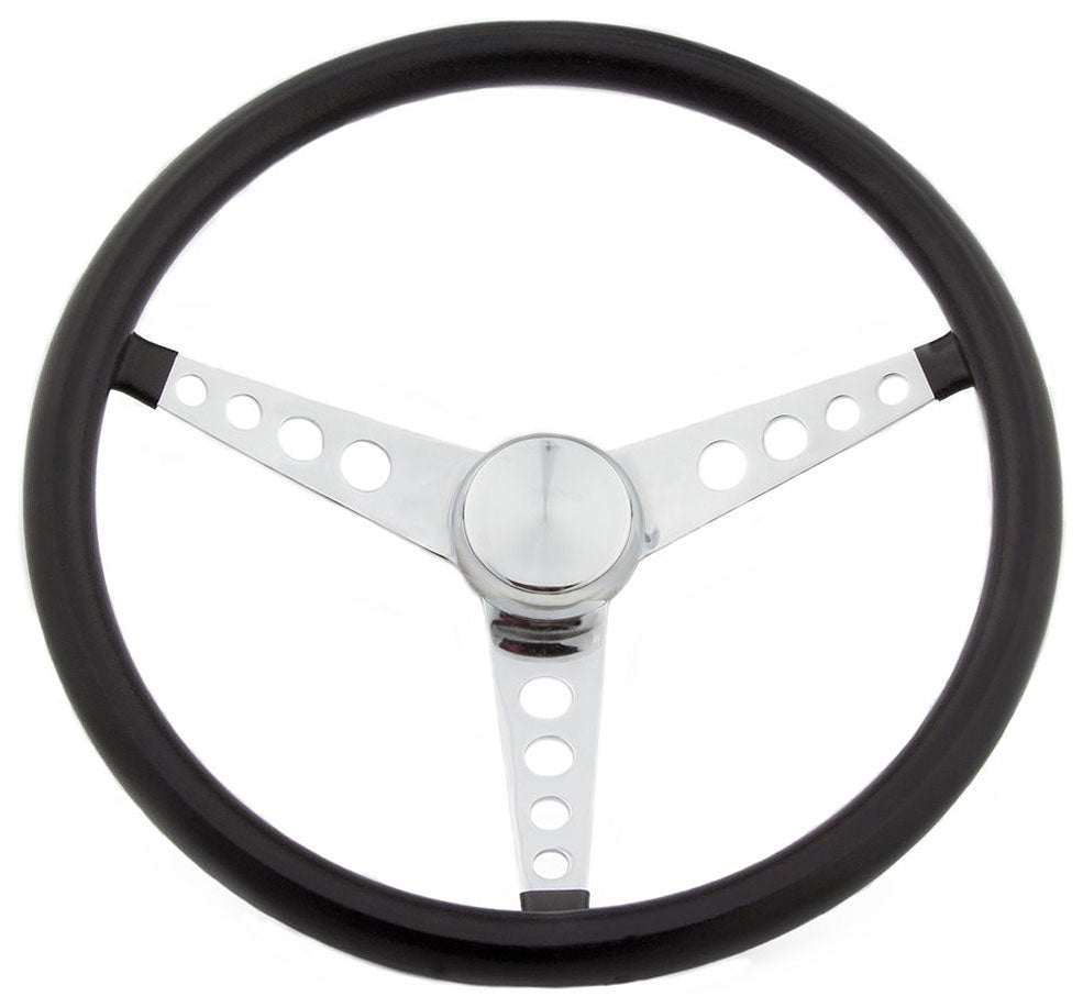 15" Classic Vinyl Steering Wheel
Chrome 3-Spoke, Black Gloss Vinyl Grip. 3-1/2" Dish