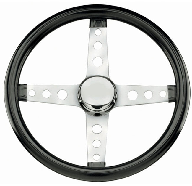 13-1/2" Classic Cruisin Steering Wheel
Chrome 4-Spoke, Black Gloss Vinyl Grip. 1-3/4" Dish