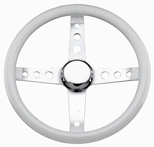 13-1/2" Classic Cruisin Steering Wheel
Chrome 4-Spoke, White Gloss Vinyl Grip. 1-3/4" Dish