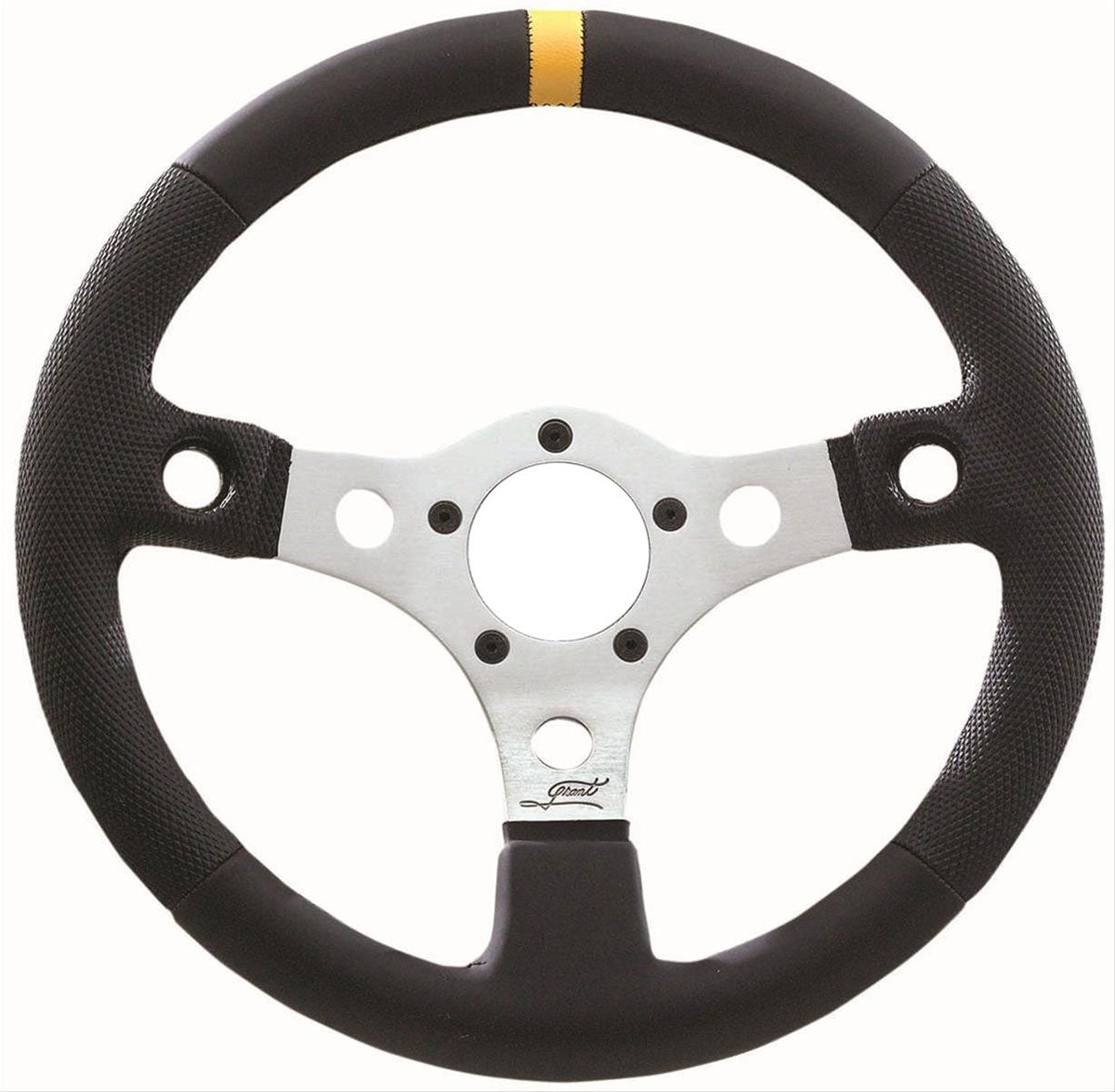 13" Performance GT Steering Wheel
Silver Anodized 3 Spoke, Black Diamond Vinyl Grip With Yellow Top Marker & 2 Holes For Buttons